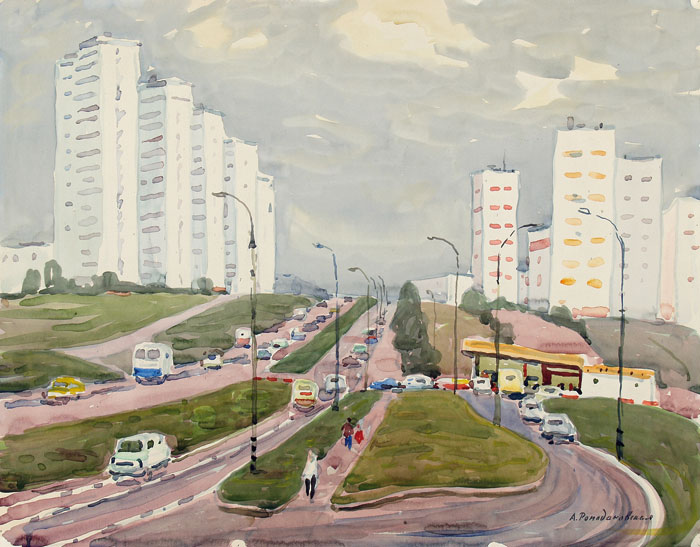 Картина Ромодановская А.А. Ленинский проспект. 1973 г. Бумага, акварель.