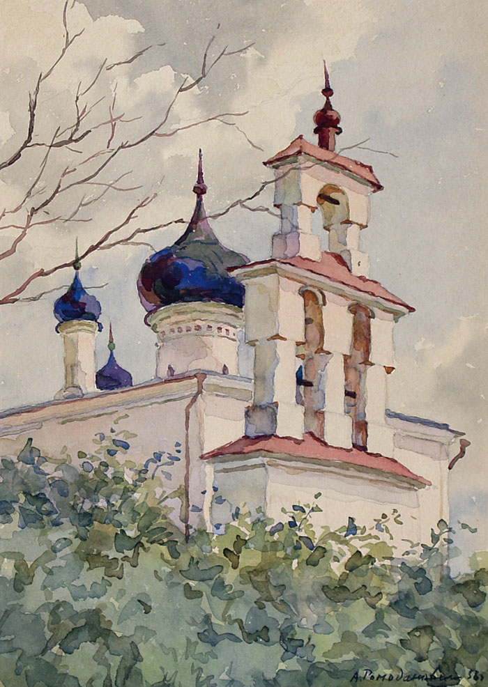 Картина Ромодановская А.А. Псков. Звонница церкви Николы Явленнного. 1956 г. Бумага, акварель.