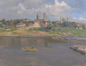 Картина Сапожников А.А. Город у реки.  Холст, масло.