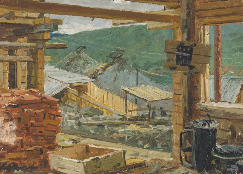 Картина Самсонов Е.И. Стройка. 1956 г. Картон, масло.