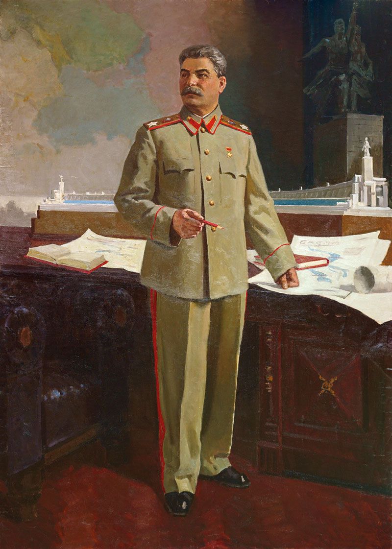 I.V. Stalin approves the sketch of the USSR pavilion at the World Exhibition in Paris in 1937.
