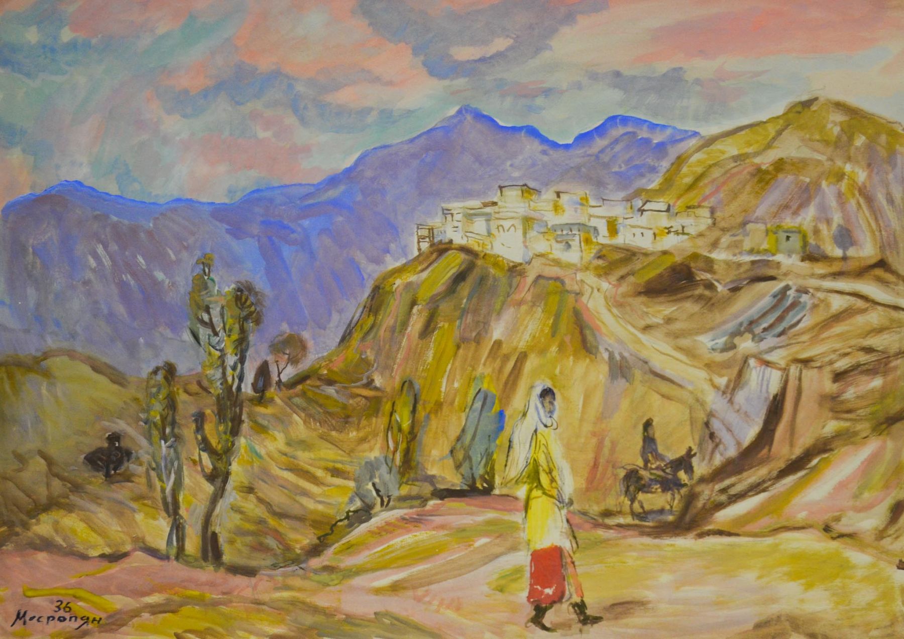Картина Месропян Б.А. Горный аул. 1936 г. Бумага, гуашь.