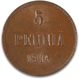 Картина  1916 г. 5 пенни Русская Финляндия. Медь. Вес 6,5 гр. Состояние UNC. Уздеников №4833.  