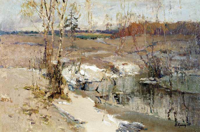 Картина Кранц В.П. Половодье. 1969 г. (2 сторона, «Ночь на Неве» 1970 г.).  Картон, масло.