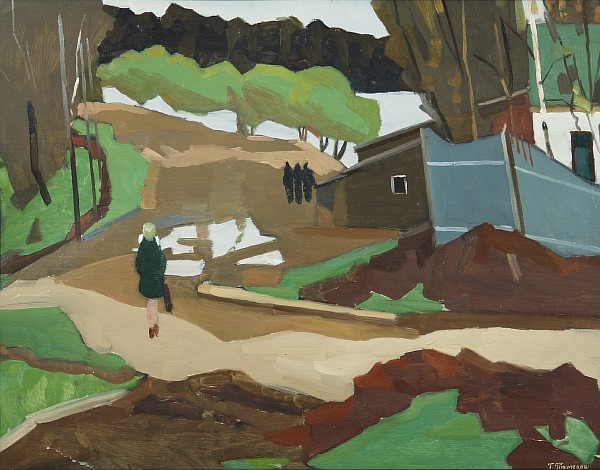 Картина Тетелев Г.И. Девочка идет в школу. 1977 г. Картон, масло.