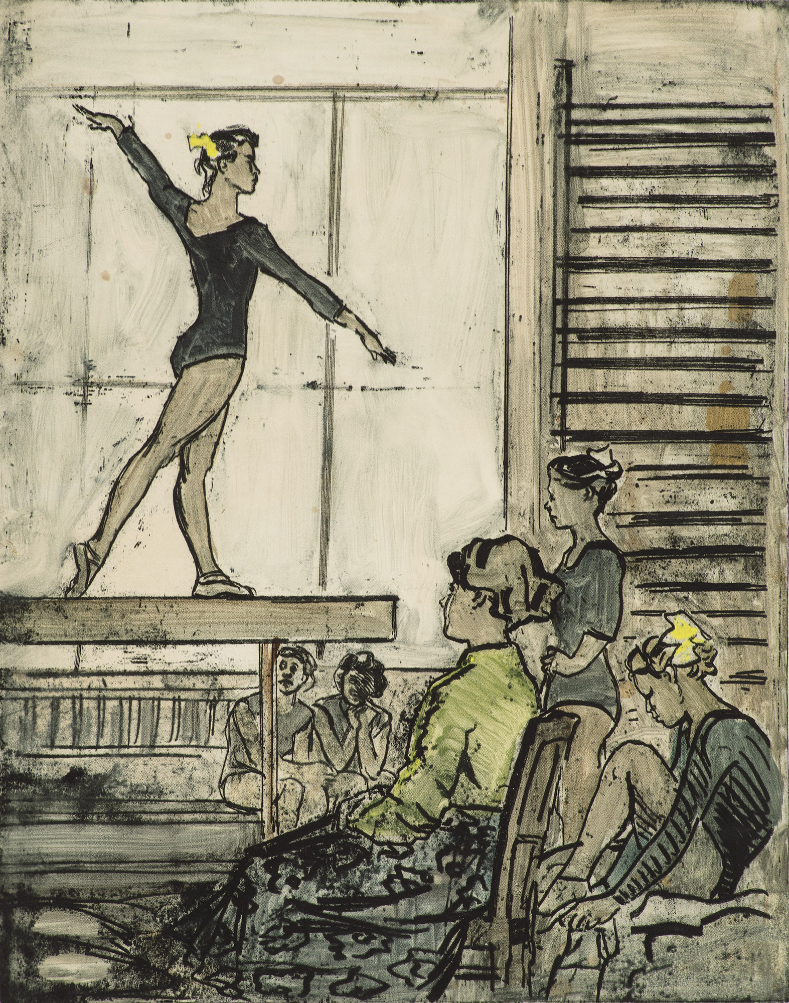 Картина Ройтер М.Г. Упражнения на бревне. 1963 г. Монотипия.