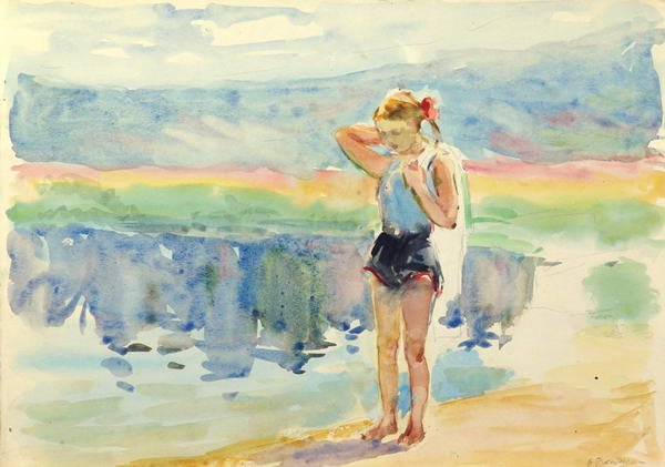 Картина Дейнеко О.К. У реки. 1965 г. Бумага, карандаш, акварель.