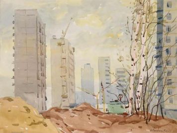 Картина Ромодановская А.А. Москва строится. 1973 г. Бумага, акварель.