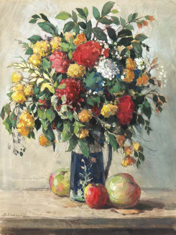 Картина Соколов В.И. Цветы и фрукты. 1930-е-40-е гг. Бумага, гуашь.