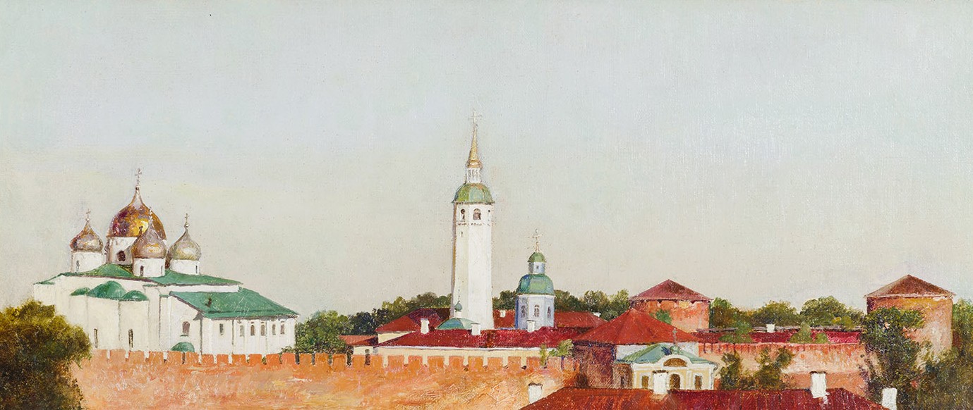  Novgorod. View of the Detinets, St. Sophia Cathedral, and the Euthymius Clock Tower.