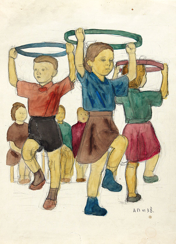 Картина Пахомов А.Ф. В детском саду. 1939 г. Бумага, тушь.