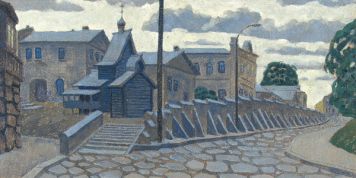 Картина Комаров В.В. Дорога к храму. 1986 г. Оргалит, темпера.