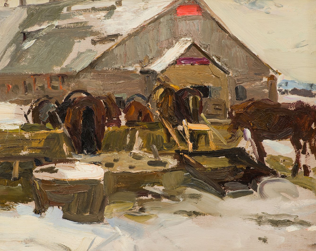 Картина Стожаров В.Ф. Кормление лошадей. 1950-1960-е гг. Картон, масло.