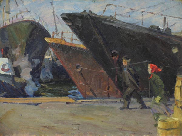Картина Постнов Л.А. Утро в рыбном порту. 1954 г. Картон,масло