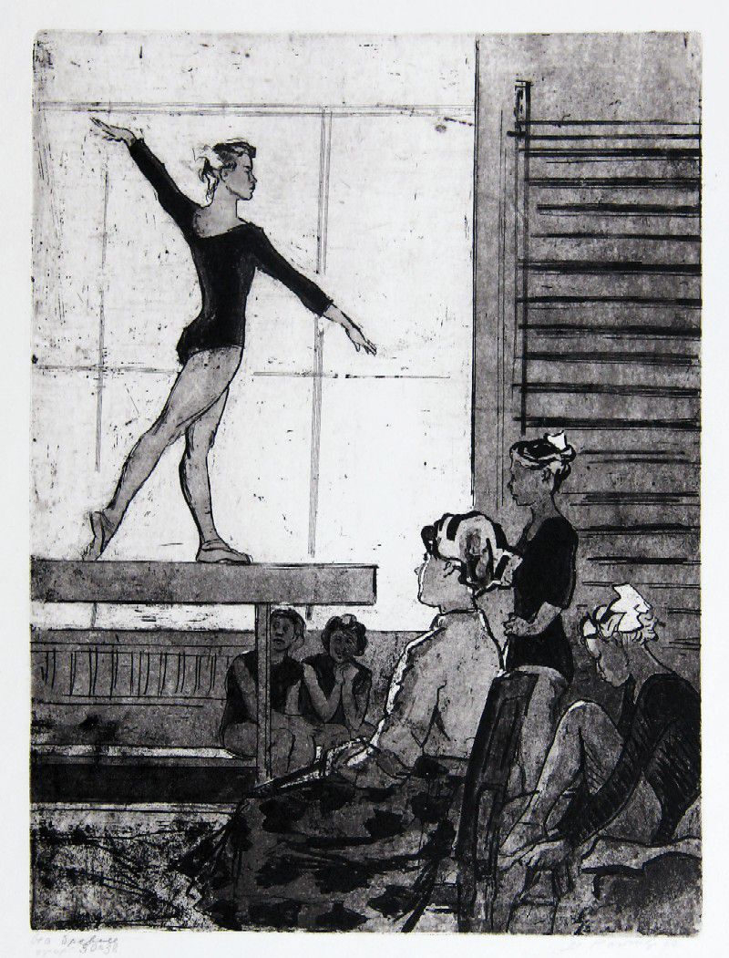 Картина Ройтер М.Г. На бревне. 1960 г. Офорт.