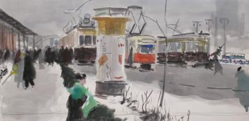 Картина Тарасенко В.С. Трамвайный парк.  Бумага, акварель.
