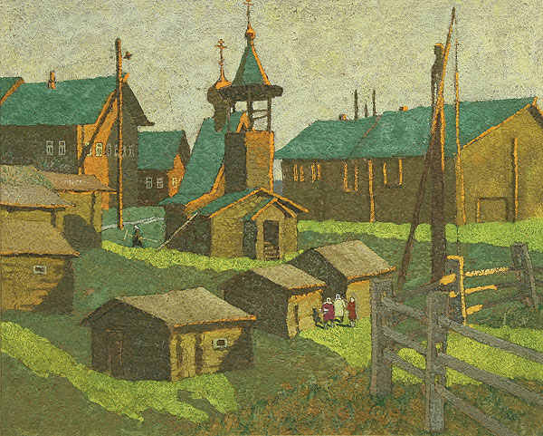Картина Комаров В.В. Северная деревня. 1975 г. Оргалит, темпера.