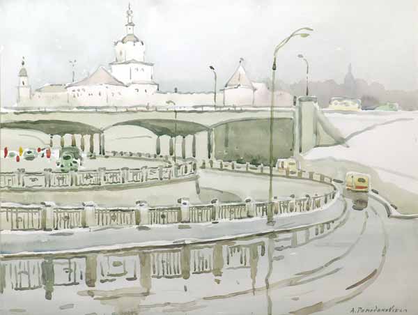 Картина Ромодановская А.А. Набережная Яузы. Из серии "Моя Москва". 1974 г. Бумага, акварель.