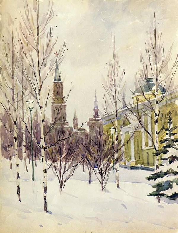 Картина Ромодановская А.А. Зима в Кремле. 1957 г. Бумага, акварель.