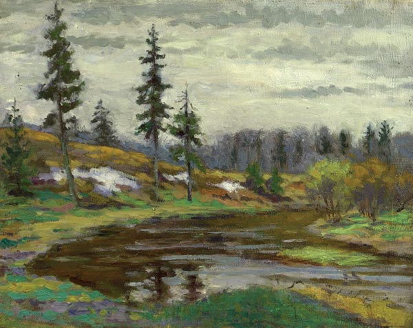 Пейзаж с елями и речкой.