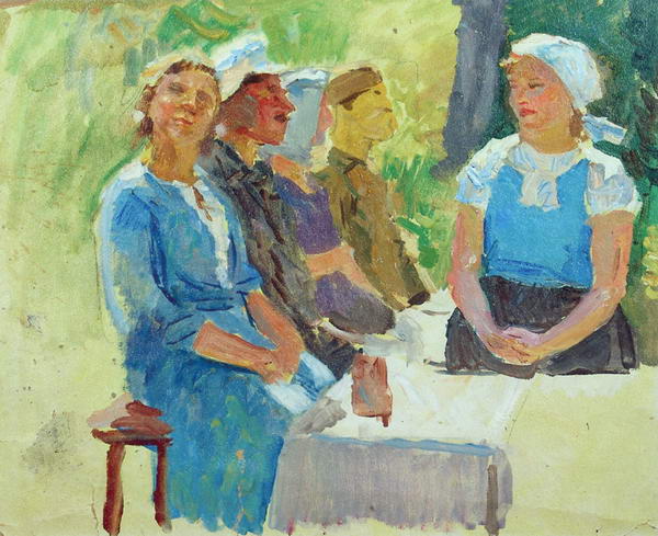 За столом. Этюд к картине "Колхозный праздник" (ГТГ).
