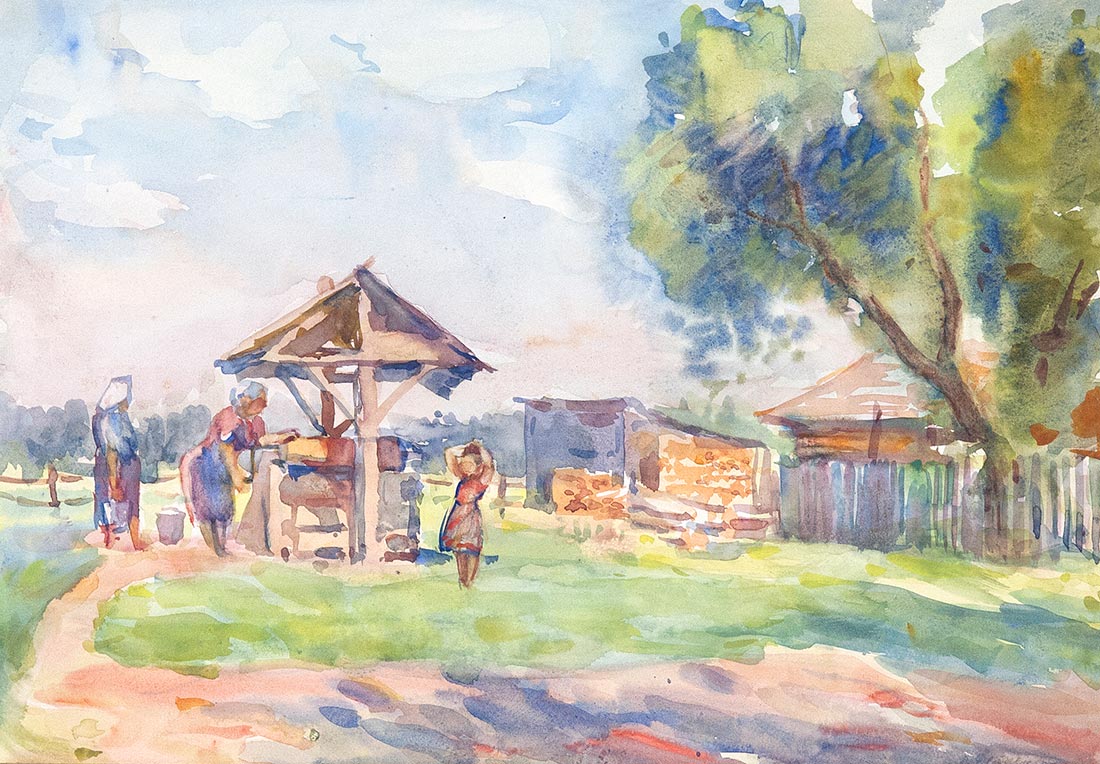 Картина Дейнеко О.К. У колодца. 1950 г. Бумага, акварель.