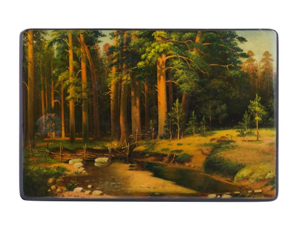 Картина * Палех, мастер Д.Б. Холуй. Шкатулка «Корабельная роща». Вторая половина ХХ века. Папье-маше, роспись, золочение, лак.
