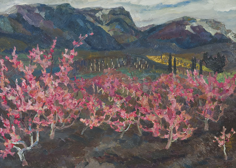 Картина Вышлов В.В. Персики зацвели. 1959 г. Картон, масло.