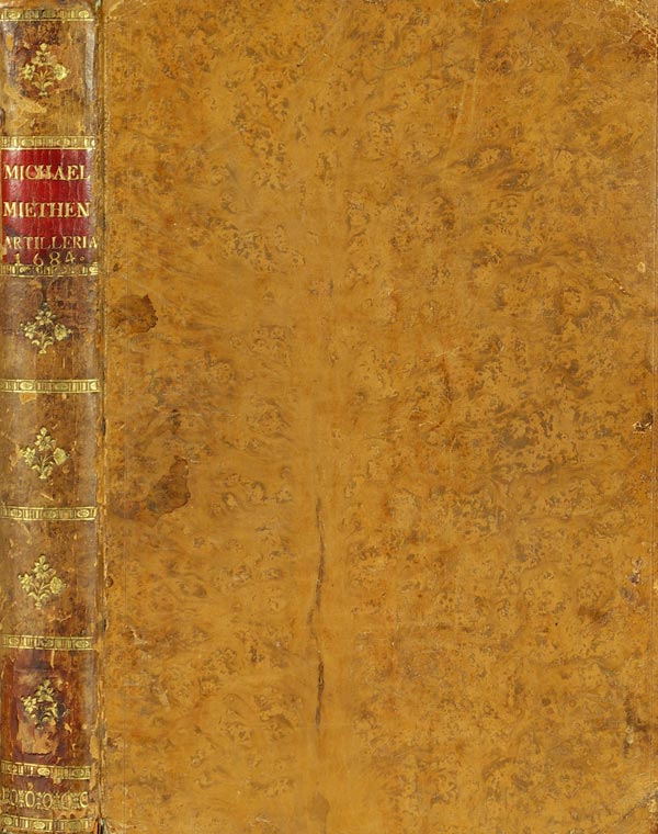 Miethen M "Artilleriae recentior praxis". Leipzig, Jn Berlegung des autoris, 92 pp., 82 pp., 74 pp., 64 pp., 30 engravings. Full leather binding. Condition: stains, spine worn. The book contains a detailed and very thorough description of Prussian artillery with pre-