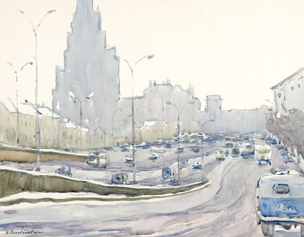 Картина Ромодановская А.А. На Садовом кольце. 1973 г. Бумага, акварель.
