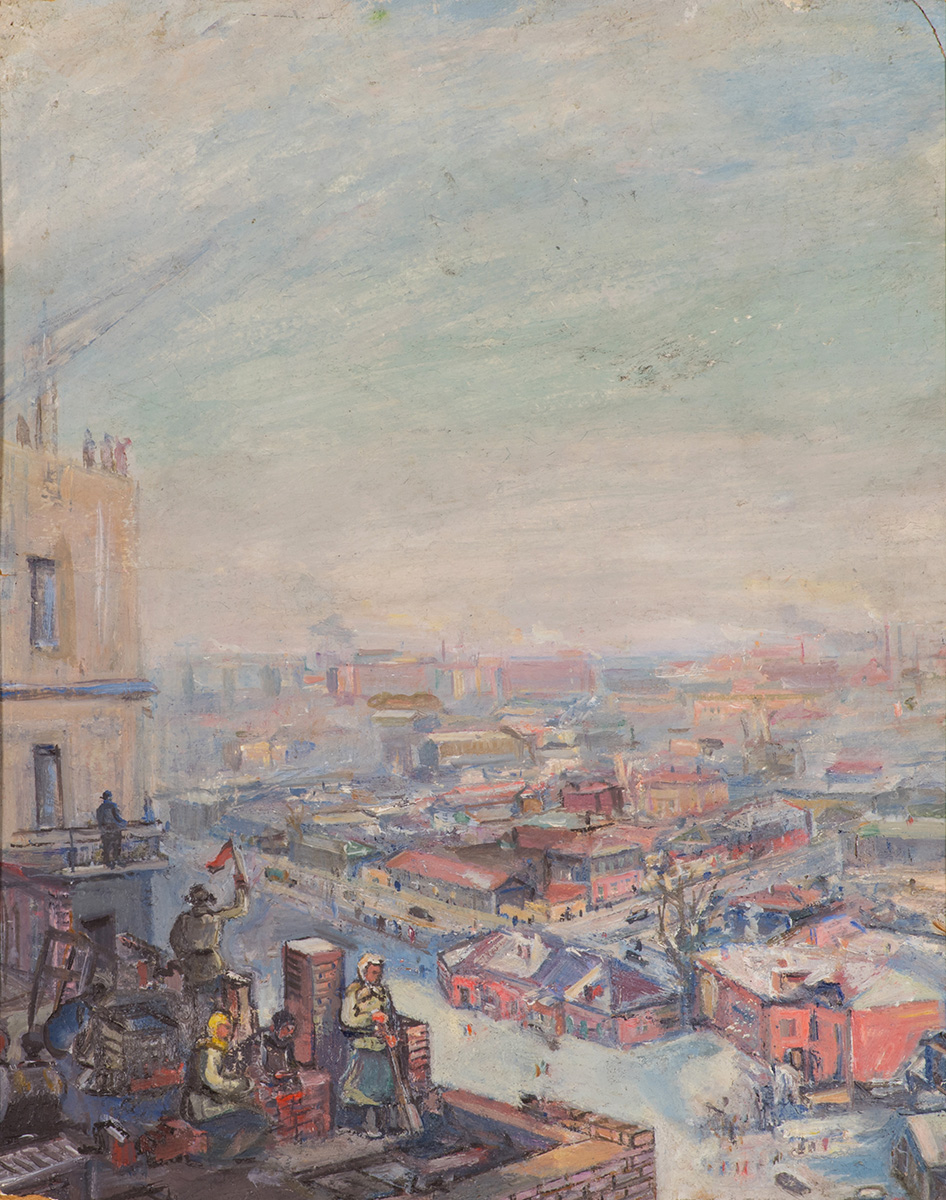 Картина Лабас А.А. Строительство новой Москвы. 1940-е гг. Холст на картоне, масло.