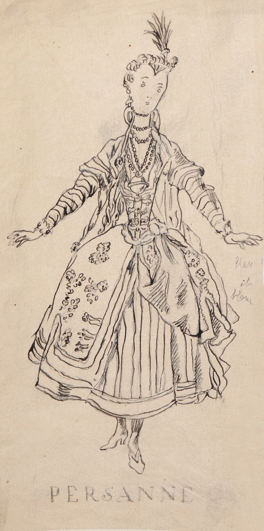 Картина Бенуа А.Н. PERSANNE. Эскиз женского костюма. Первая треть ХХ в. Калька, карандаш, тушь.