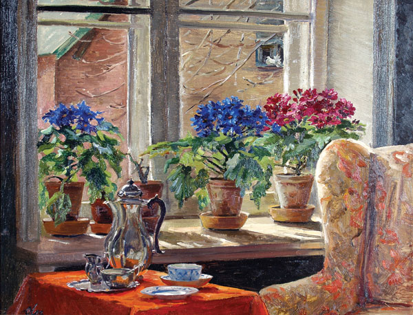 A room with flowers, a table set for tea, and a dove outside the window.