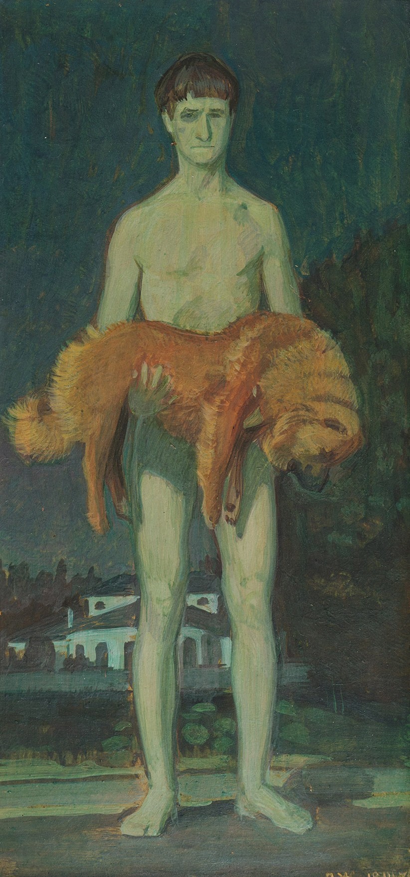 A man with a dead dog.