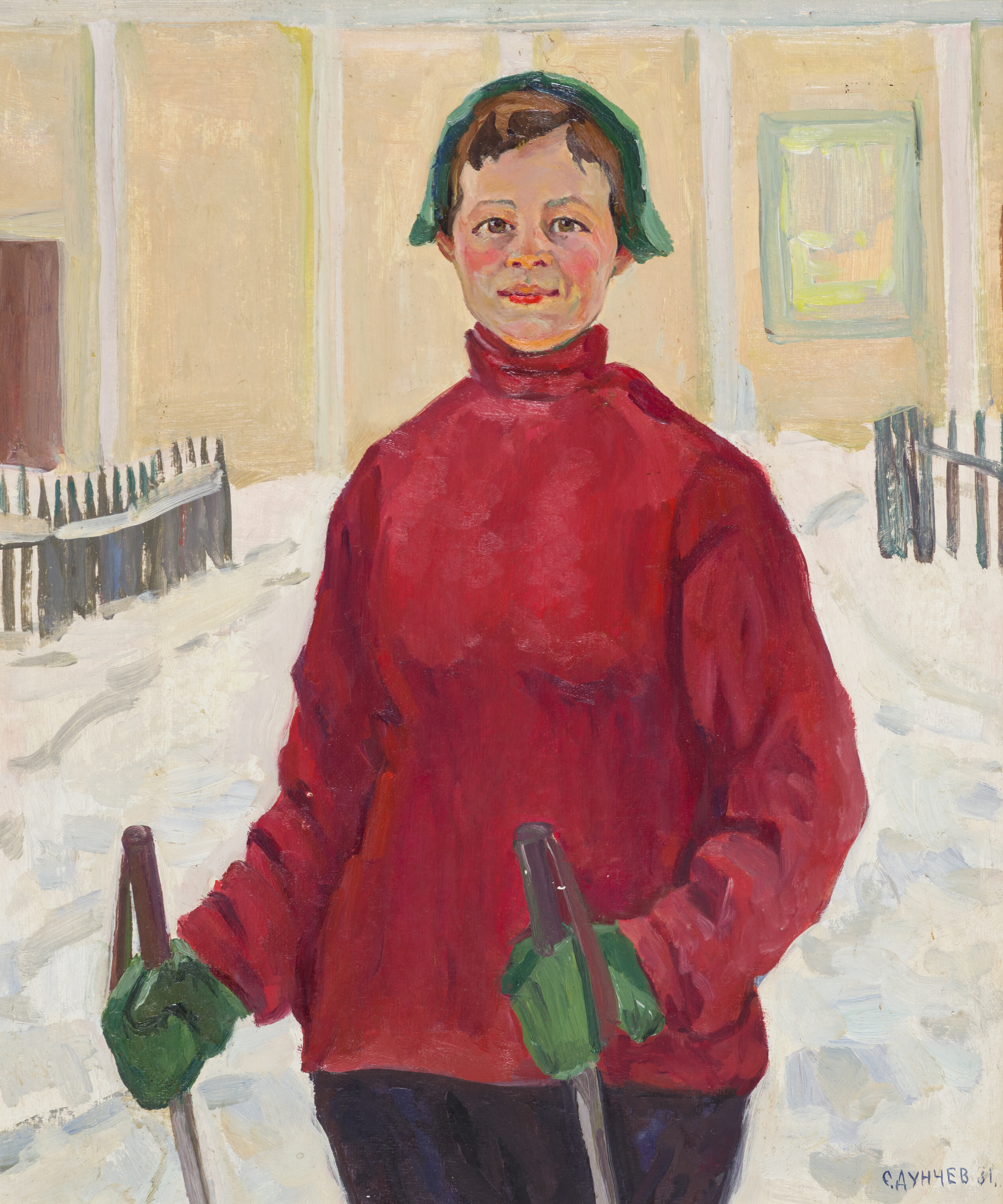 Картина Дунчев С.Я. Лыжница. 1981 г. Бумага на оргалите, масло.