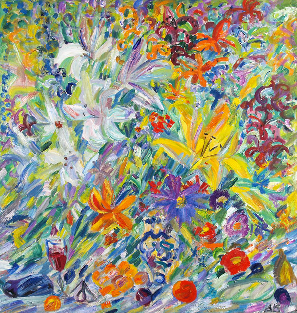 Still life with flowers and fruit.