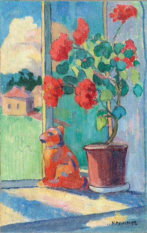 On the windowsill. Piggy bank dog and geranium.
