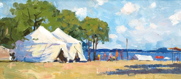 Картина Орлов В.С. Студенческий лагерь. Волга. 1962 г. Картон, масло.