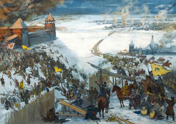 Картина Дешалыт Е.И. Оборона Владимира от полчищ хана Батыя в 1238 г. 1971 г. Холст, масло.