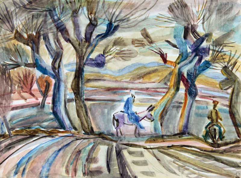 Картина Месропян Б.А. Мужчины на осликах. 1950-е гг. Бумага, акварель.