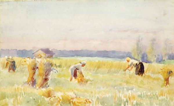 Картина Дейнеко О.К. Сбор пшеницы. 1940 г. Бумага, акварель.