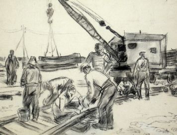 Картина Гюликехвян Н.Г. Скрутка рельс.  Бумага, уголь.