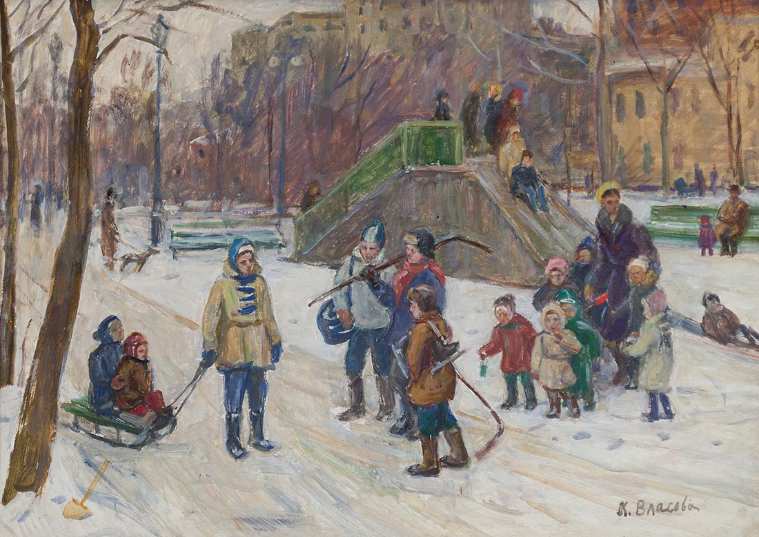 Картина Власова К.Ф. Во дворе. 1960- е гг. Картон, масло.