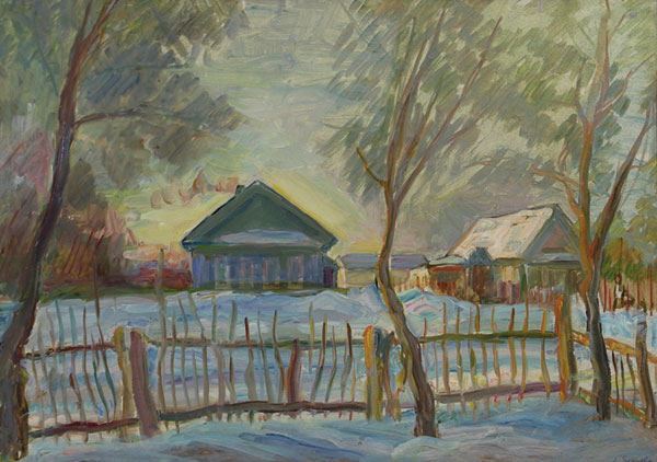 Картина Якушева А.И. К закату. Деревня Сабурово. 1954 г. Картон, масло.