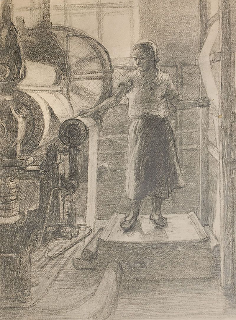 Картина Комаров Е.И. На ткацком производстве. 1940-е гг. Бумага, уголь.