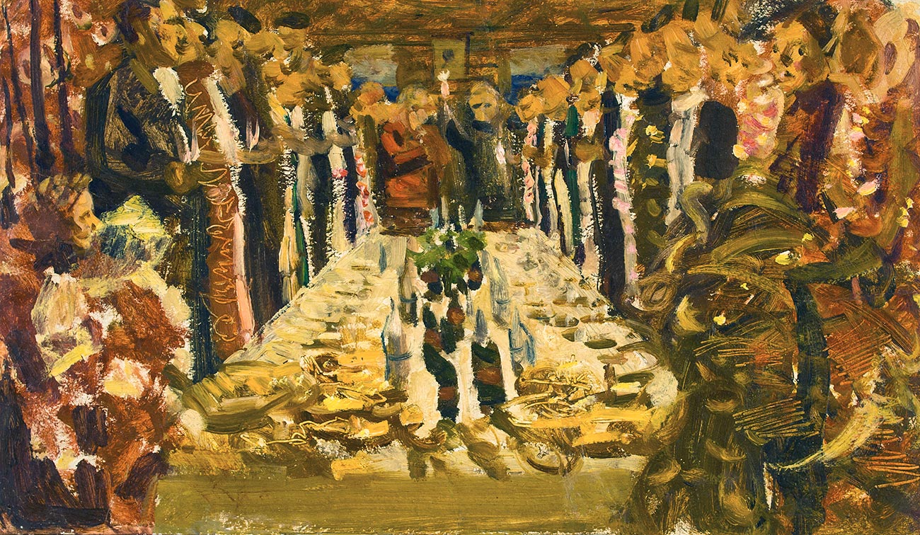 Картина Боскин М.В. За свадебным столом.  Картон, масло.