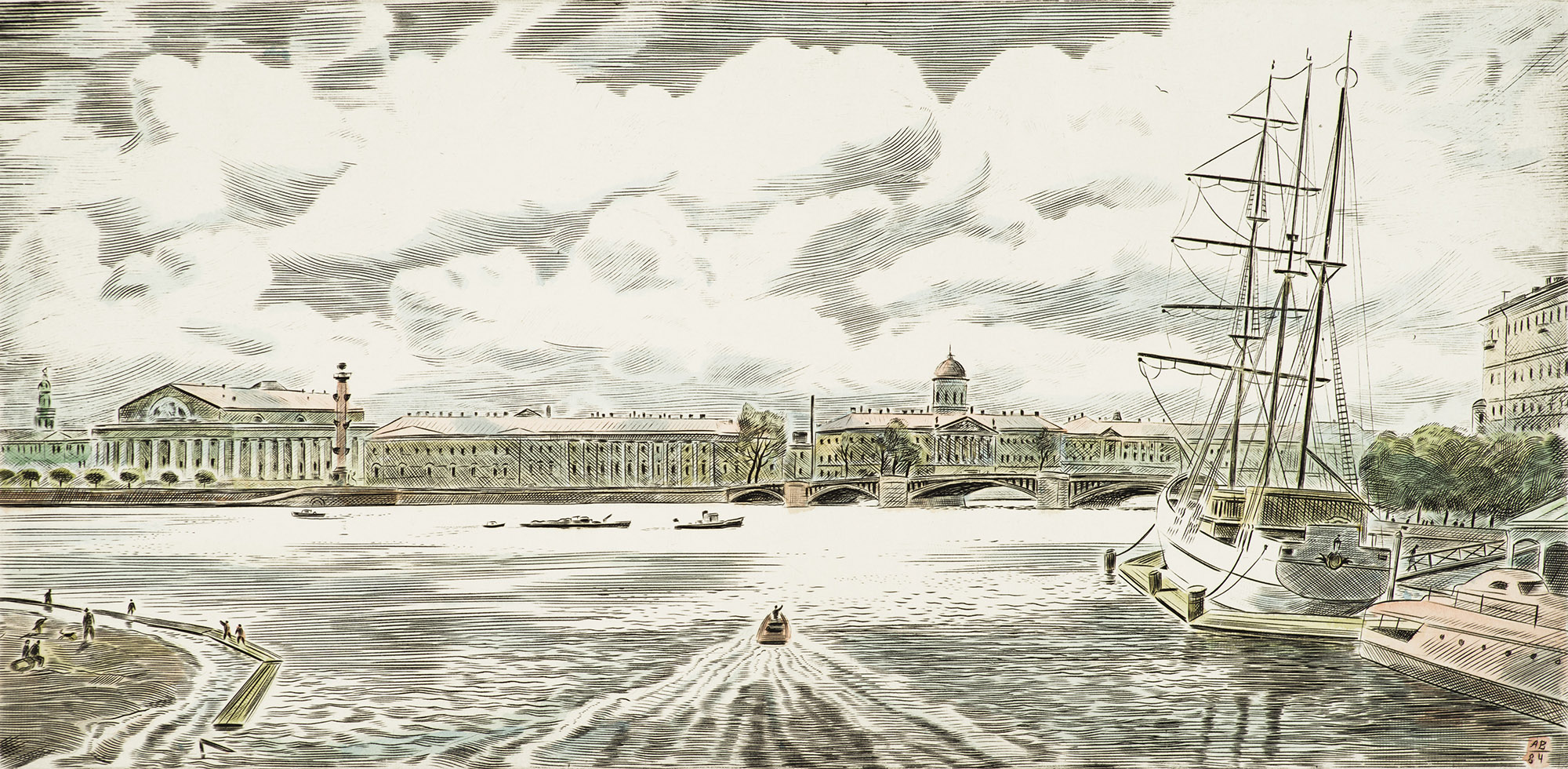Картина Алексеев В.Ф. Нева. Вид из Кронверкской протоки. 1984 г. Бумага, офорт, акварель