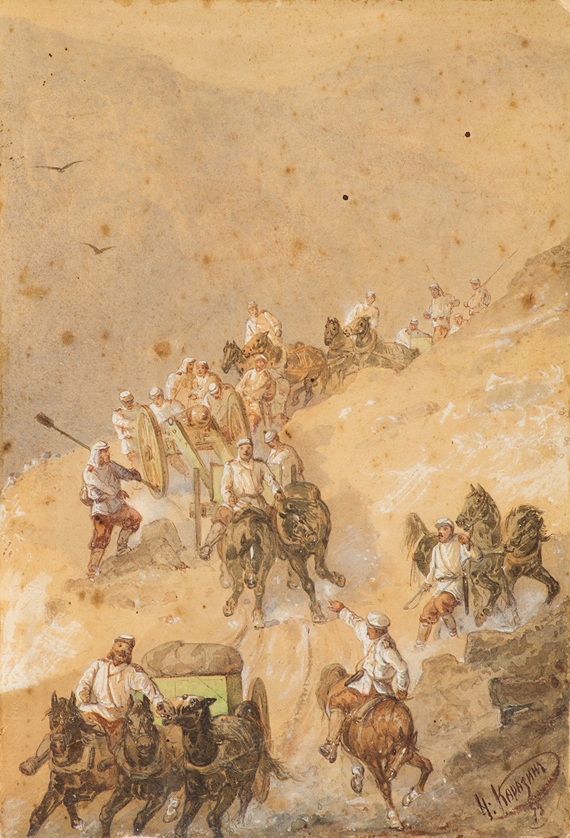 Картина Каразин Н.Н. Перевал артиллерии через горы Аристан-бель-тау. 1873 г. Бумага на картоне, акварель, белила, графитный карандаш.