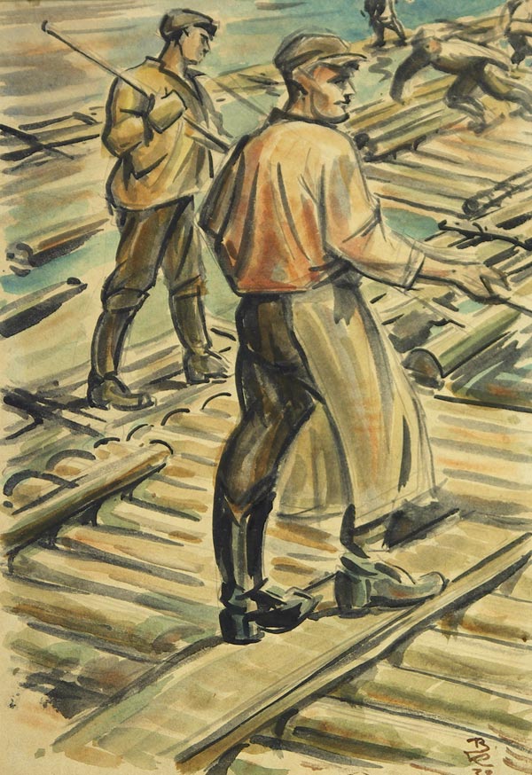 Картина Кондратьев В.С. Композиционный рисунок к панно «Сплав на реке Сухоне». 1932 г. бумага, акварель.