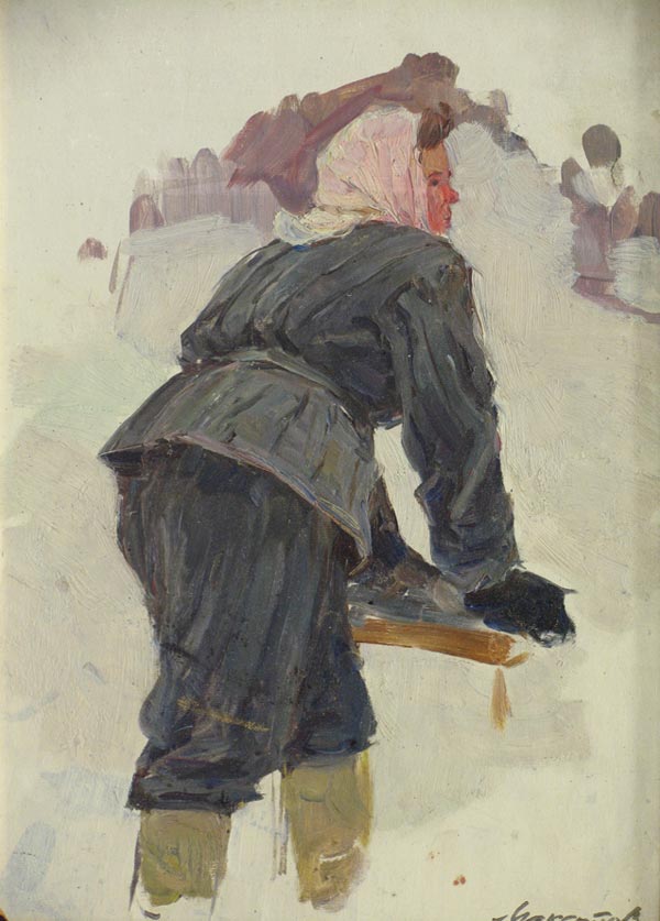 Картина Максютов Р.Г. На стройке. 1959 г. Картон,масло
